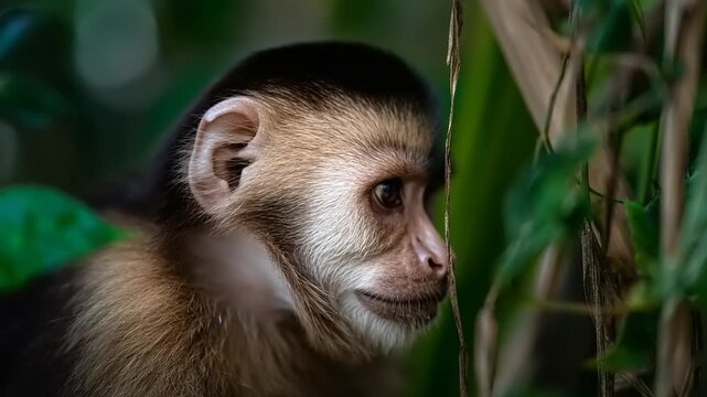 Close-up portrait of a capuchin monkey in lush green jungle foliage.