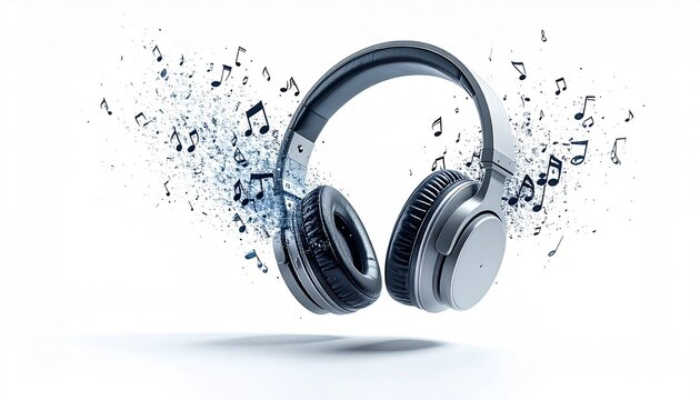 音符と水しぶきが飛び散る宙に浮くヘッドフォンのダイナミックな合成写真