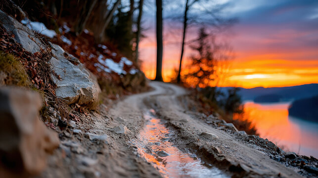 Forest path with muddy puddles at sunset landscape background showing a narrow lakeside track and warm sky for banner wallpaper and nature design