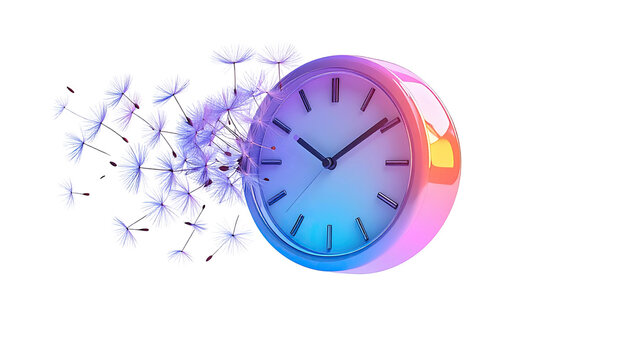 Clock with dissolving dandelion seeds on a black background in a colorful 3D rendering