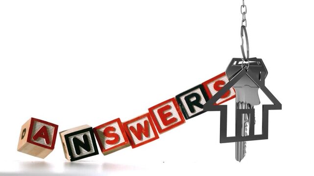 Animation of wooden blocks with text answers and silver house shape with key on white background