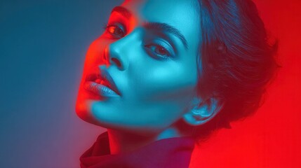 Obraz premium Dramatic portrait of a woman's face illuminated by contrasting red and blue neon lights