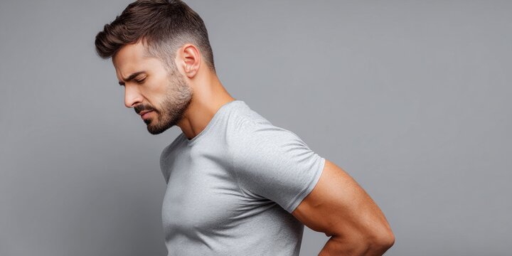 Man experiencing lower back pain, holding his aching lumbar region with discomfort