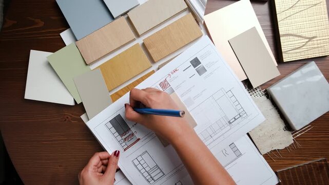 Interior designer working on interior layout with wood veneer samples for budget friendly home makeover in Dubai