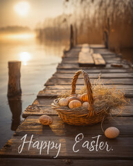 Fototapeta premium Misty lake sunrise over wooden pier with Easter bread and egg basket still life