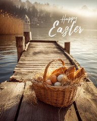 Fototapeta premium Misty lake sunrise on wooden pier with basket of eggs and traditional festive bread