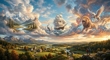 Fototapeta premium Family watching fantasy sky adventure with ship, lion and mythical creatures over scenic valley landscape 