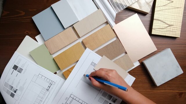 designer choosing color scheme and material palette for modern home renovation, designer at work