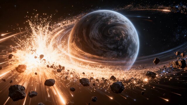 Cosmic Collision: Asteroid Impact Near a Swirling Gas Giant