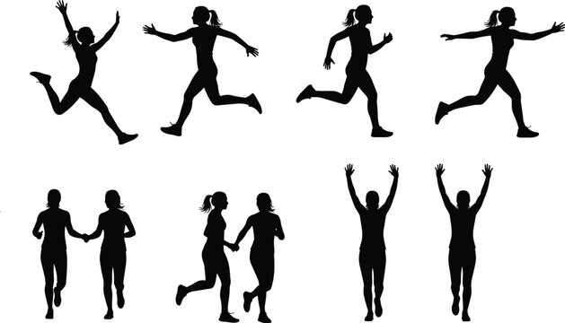 Set of black silhouettes representing active women running sprinting and celebrating victory isolated on white background for sports fitness marathon and health concepts