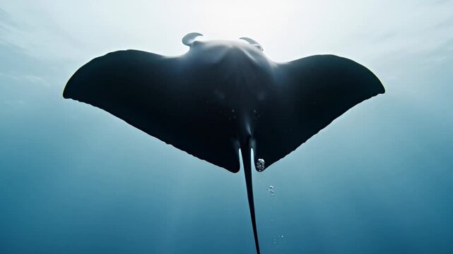 Underwater creature swims with dark wingspan and white tooth