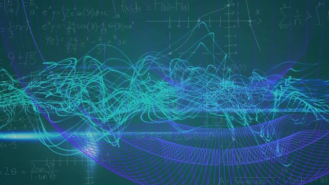 Animation of lens flares and abstract pattern over mathematical solutions against green background