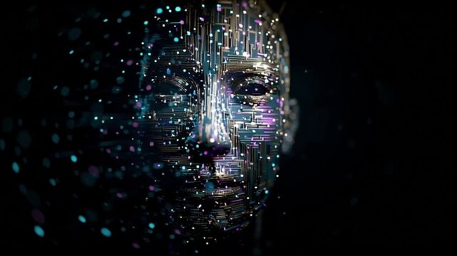 Artificial intelligence humanoid face glowing in dark futuristic circuit background, digital AI robot portrait with neon particles, cyber technology concept, machine learning interface, futuristic syn