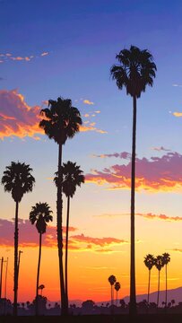 A vibrant sunset with silhouetted palm trees