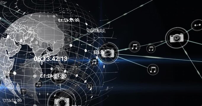 Animation of network of digital icons, world map and blue light trails against black background