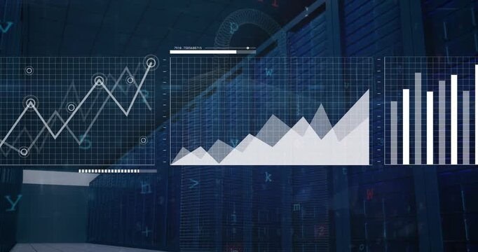 Animation of interface with cyber security data processing against computer server room