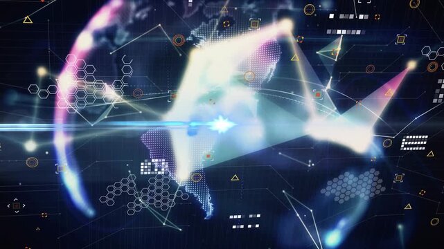 Animation of connected dots and circuit board pattern over globe against abstract background