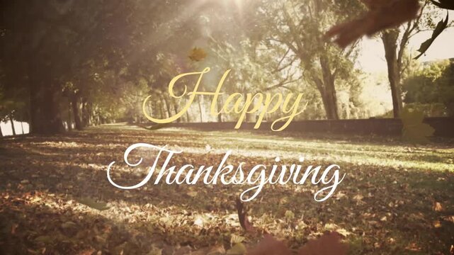 Animation of happy thanksgiving text and autumn leaves falling over trees in the park