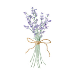 Fototapeta premium Watercolor lavender bouquet tied with jute twine bow. Hand drawn purple flowers bunch illustration for rustic wedding, Provence style decor, greeting cards, and organic beauty isolated on white.
