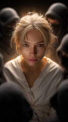 Fototapeta premium Young woman with blonde hair surrounded by shadowy figures in a dramatic, moody scene