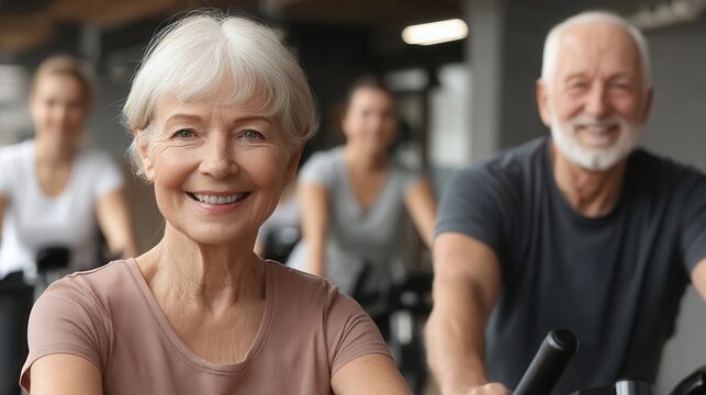 Smiling senior couple and younger woman enjoying stationary cycling class at the gym