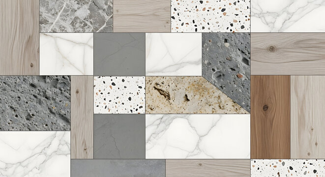 Abstract terrazzo mosaic with marble wood and stone elements on gray background perfect for interior abstract graphics