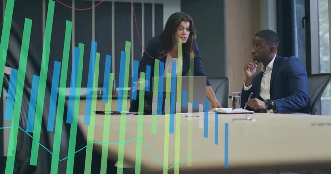 Woman glancing at laptop and gesturing across table animating bar charts for business talk