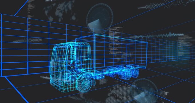 Playback starting, wireframe truck staying left while HUD elements rising, visualizing logistics