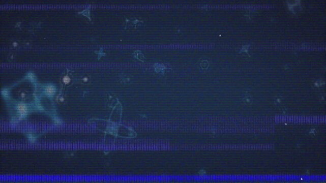 On signal spike central band flickering, symbols drifting, scanlines flashing, evoking retro glitch