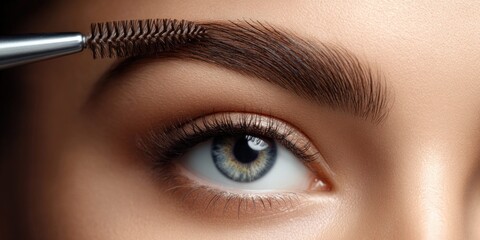 Naklejka premium Close-up of a woman's eye and brow being groomed with a brush