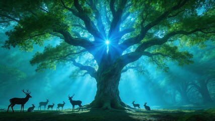Fototapeta premium Enchanted Forest Gathering: Deer and Rabbits Under the Ancient Tree with Radiant Sunlight