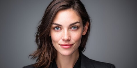 Naklejka premium Professional woman with striking blue eyes and subtle freckles smiles confidently in a studio portrait