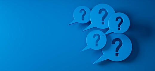 Question mark speech bubbles in front of a blue wall with copy space to the right - 3D illustration