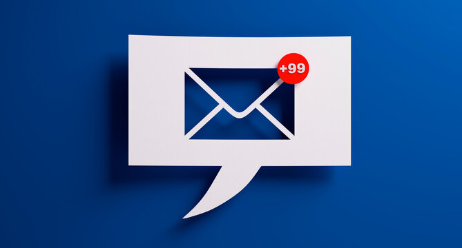 White speech bubble with +99 mail notification symbol in front of a blue colored wall - 3D illustration