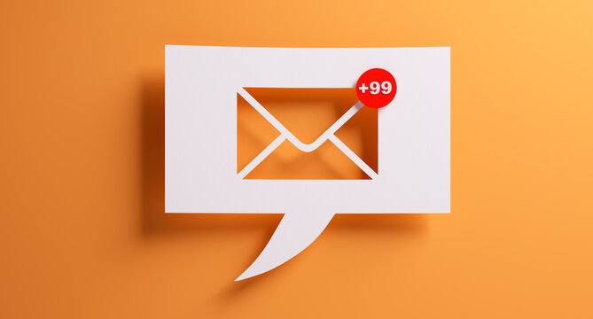 White speech bubble with +99 mail notification symbol in front of a yellow colored wall - 3D illustration