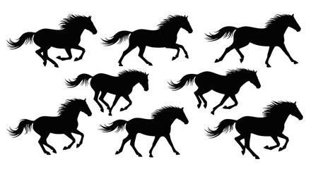 Obraz premium Black horse silhouette set flat vector illustration with running galloping trotting and dynamic motion poses isolated on white background