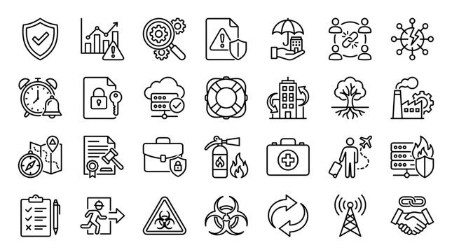 Set of thin line icons for business security management and industrial safety concepts