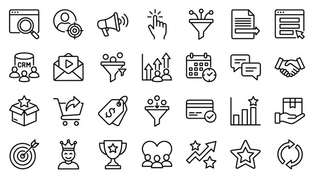 Set of marketing and business management line icons for digital strategy and growth analysis