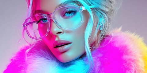 Obraz premium Vibrant neon portrait of a stylish woman with blue eyes and clear glasses wearing a fluffy coat