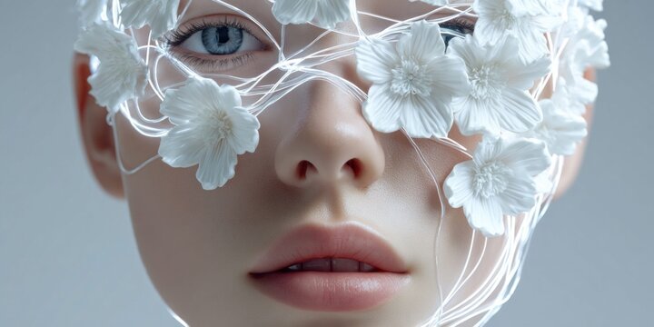 Ethereal woman's face adorned with delicate white flowers and glowing threads