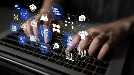 Fototapeta premium Project planning icons showing business management, teamwork, scheduling, strategic planning, project development, organization, and goal setting with modern workflow and process management. Entice