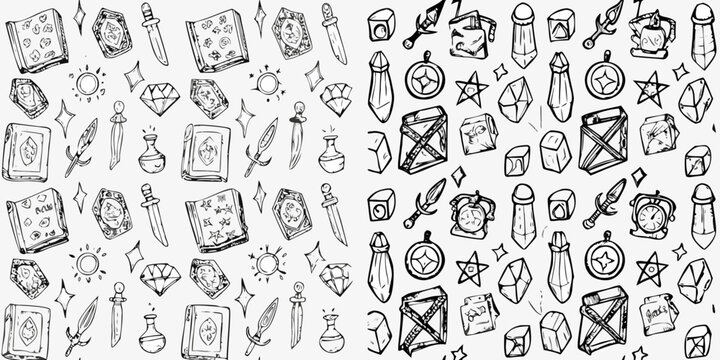 Collection of hand drawn fantasy objects including weapons books and gems