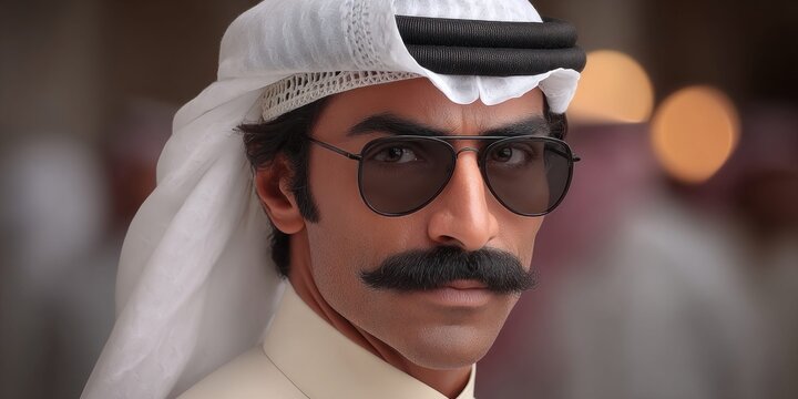 Middle Eastern man with traditional attire and aviator sunglasses looking confidently forward