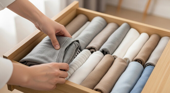 Person neatly folding and organizing clothes in a wooden dresser drawer with various rolled up garments