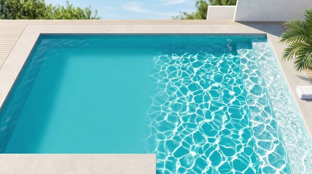 High-angle shot of turquoise swimming pool water with bright sunlight ripples on the right side