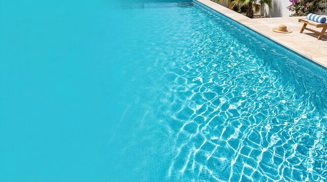 High-angle shot of turquoise swimming pool water with bright sunlight ripples on the right side