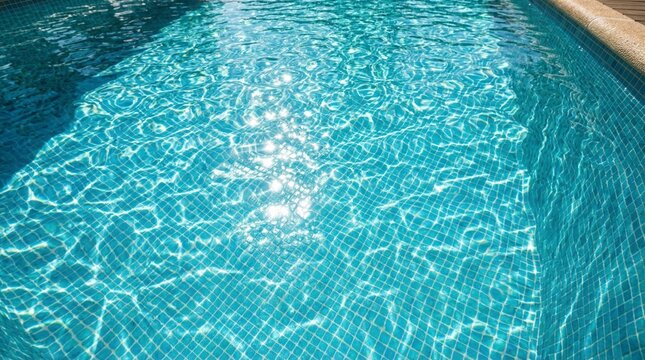High-angle close-up of crystal clear turquoise swimming pool water with bright sunlight reflections