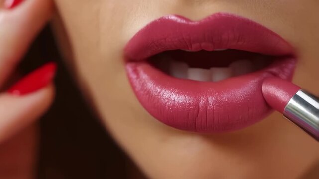 Lips woman applying pink lipstick with silver tube and red nails featuring makeup, beauty, cosmetics with application and closeup elements for face,
