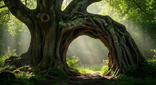 Enchanting forest portal with ancient tree roots, mystical nature photos