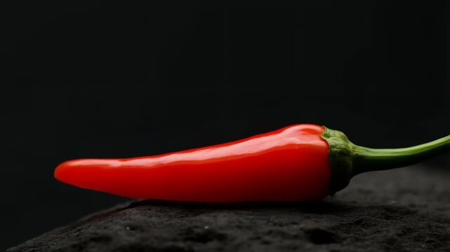 Pepper habanero with bright red color and green stem on dark background featuring spicy food, fiery, culinary with cooking ingredient and spice